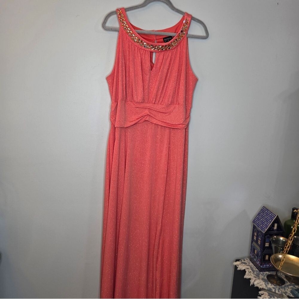 Enfocus Studio Coral Maxi Dress with Embellished Neckline Sparkly‎ 18 W